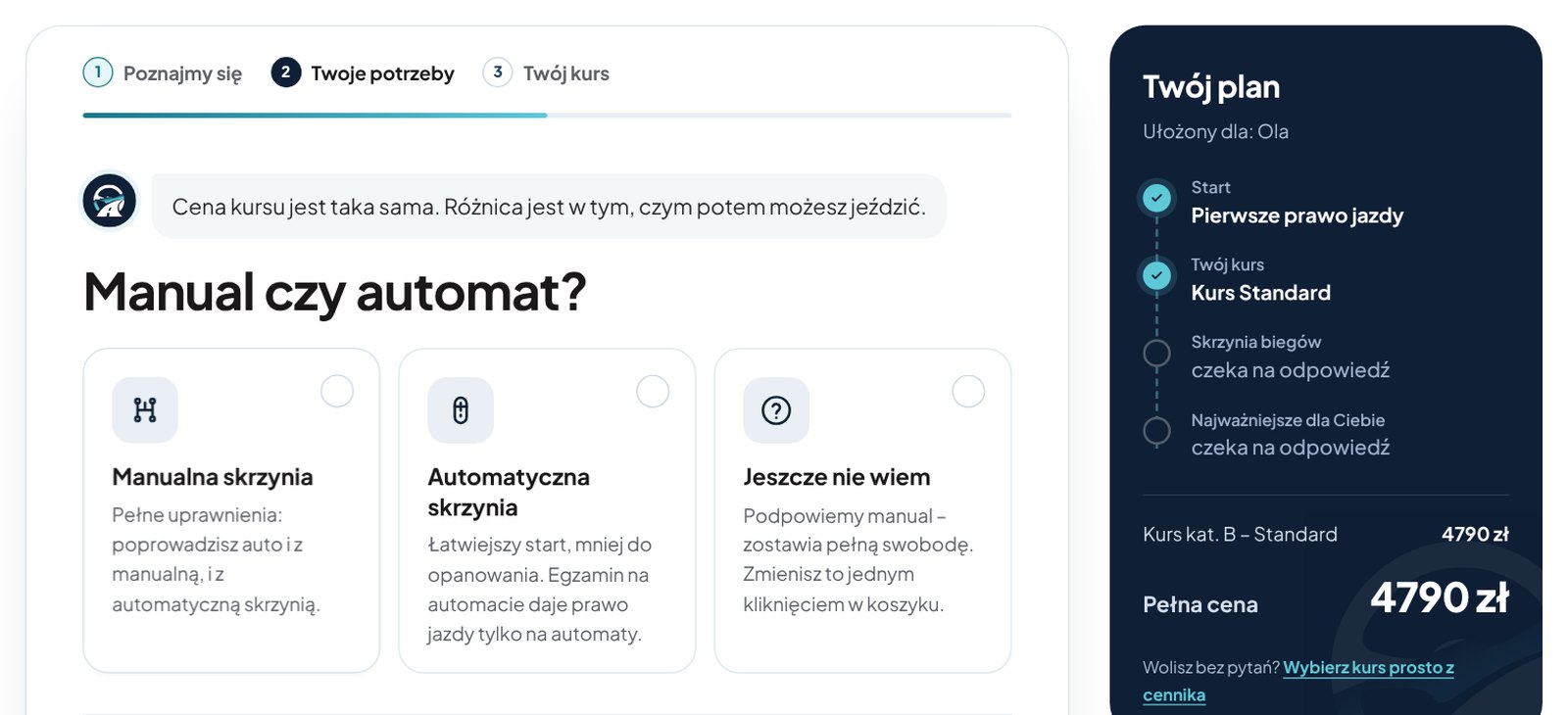 Konfigurator kursu kat. B na stronie OSK Marzanna – pytanie o skrzynię biegów i panel „Twój plan”