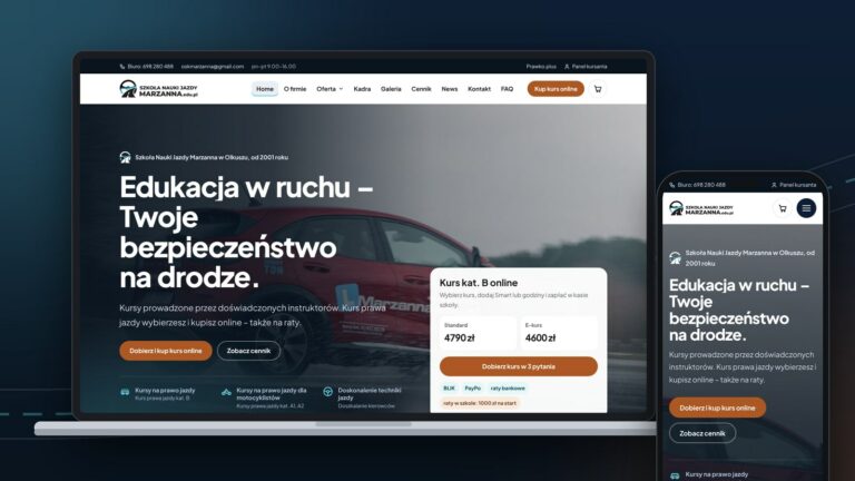 Nowa strona OSK Marzanna na laptopie i telefonie – strona główna z ofertą kursu kat. B